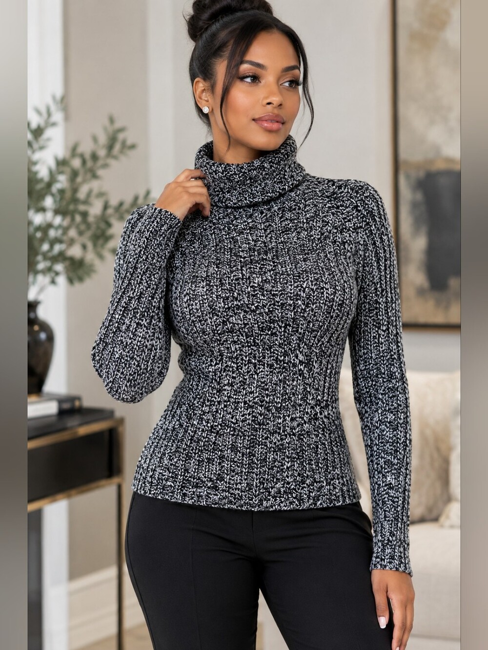 Club Monaco Black & White Marled Turtleneck Sweater